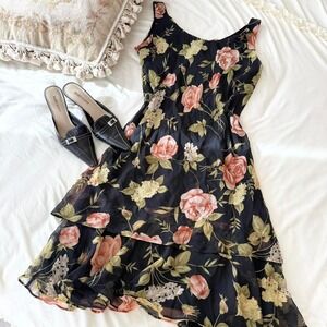 Black floral dress womens size 16 romantic garden‎